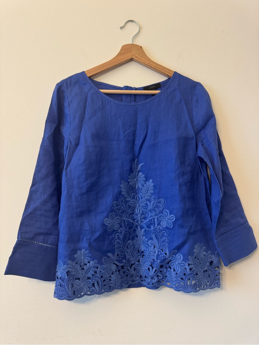 J.Crew Royal Blue Linen Blouse Size 6 Embroidered Hem Lightweight Chic Top